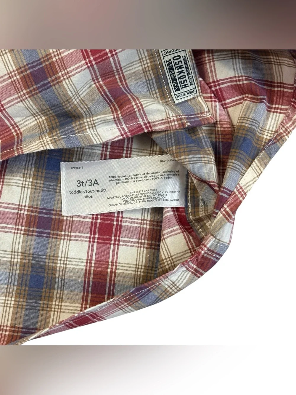 OshKosh B’gosh Toddler Boys Plaid Button Front Long Sleeve Shirt 3T Red Blue